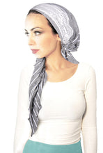 Boho Chic Gray Head-scarf With White Stripes Lace Embellished Clear Rose Buttons (Gray white stripe long - 344)