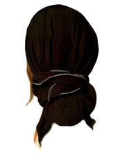 Black Silver Pre-tied Head-scarf Tichel Cotton Boho Chic Stunning Metallic Detail! (Black silver long - 347)