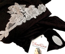 Boho Chic Black Head-scarf Tichel Embellished with Fancy Silver Floral Applique (Black silver - 209)