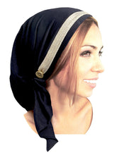 Navy blue pre-tied headscarf tichel soft cotton with decorative gold sparkly trim and two gold buttons! (Navy blue gold)