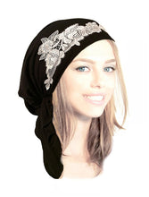 Boho Chic Black Head-scarf Tichel Embellished with Fancy Silver Floral Applique (Black silver - 209)
