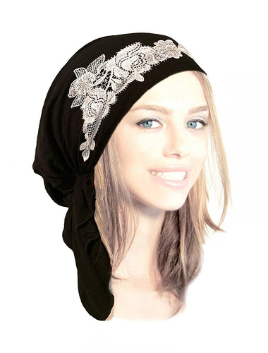 Boho Chic Black Head-scarf Tichel Embellished with Fancy Silver Floral Applique (Black silver - 209)