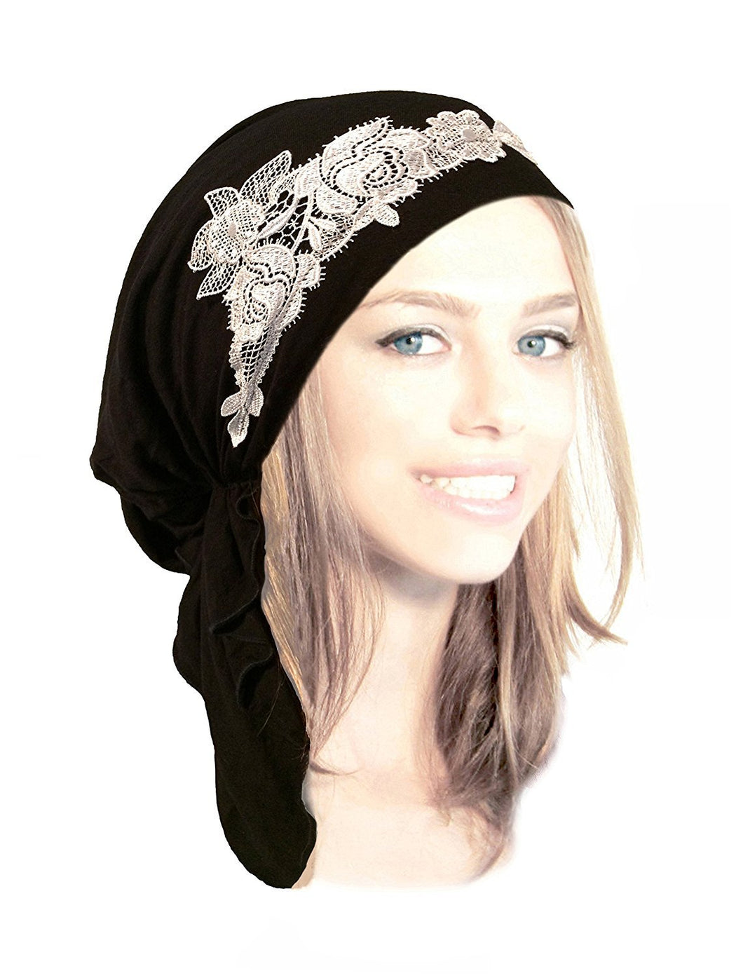 Boho Chic Black Head-scarf Tichel Embellished with Fancy Silver Floral Applique (Black silver - 209)