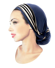 ShariRose Pre Tied Bandana Head Scarf Tichel Lightweight Long Cotton Stripe Wrap (Navy w/ stripe long)