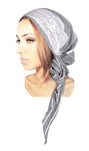 Boho Chic Gray Head-scarf With White Stripes Lace Embellished Clear Rose Buttons (Gray white stripe long - 344)