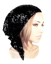Black Tichel Head-scarf Pre-tied Headwear Super Sparkle Fancy Occassions Bandana - 007