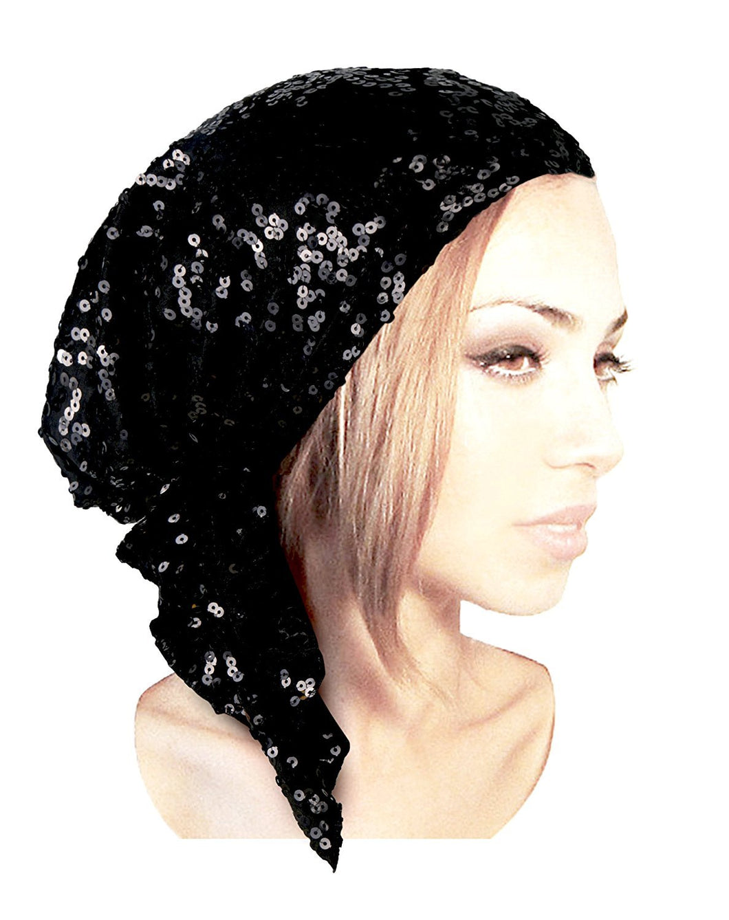 Black Tichel Head-scarf Pre-tied Headwear Super Sparkle Fancy Occassions Bandana - 007