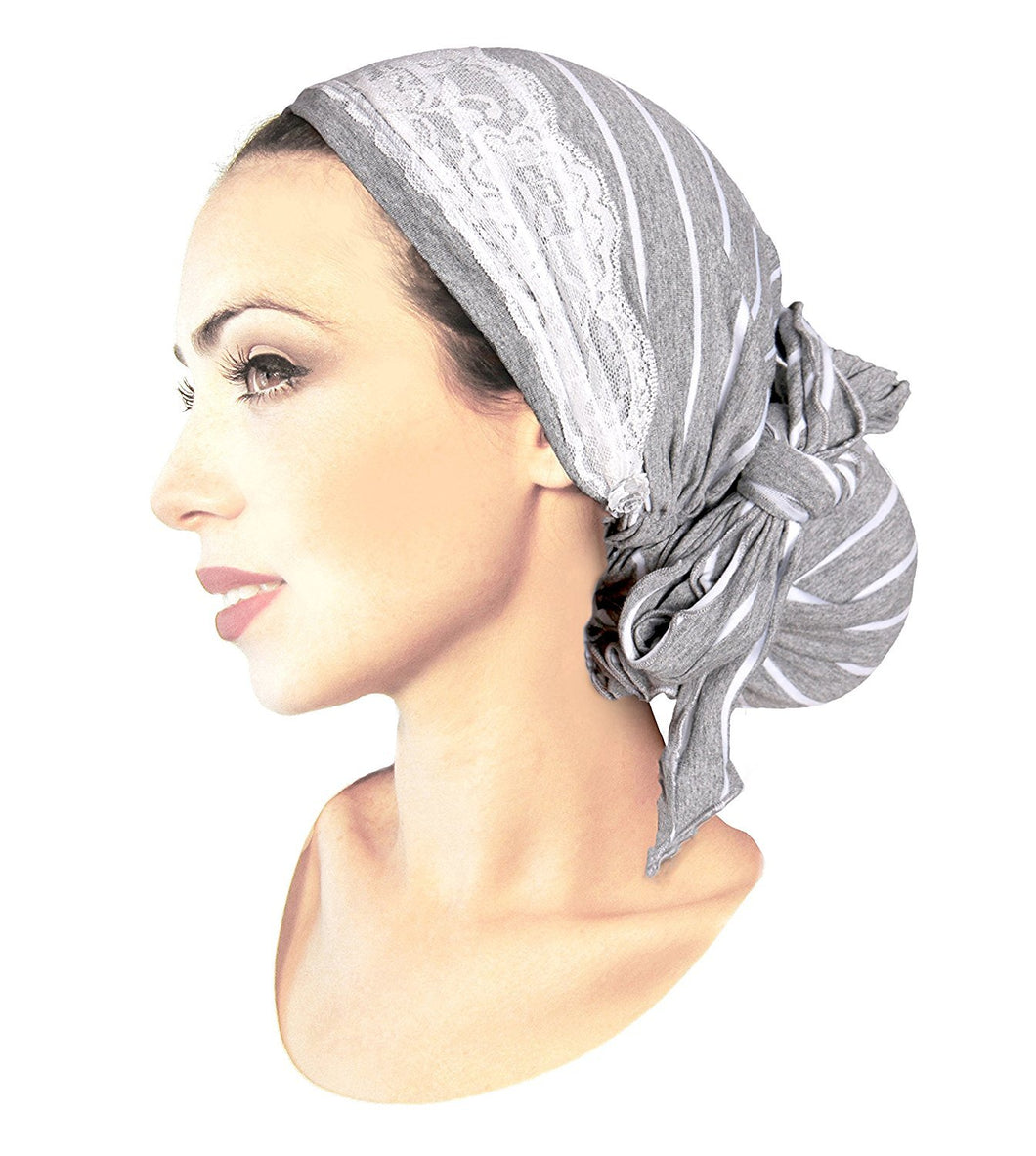 Boho Chic Gray Head-scarf With White Stripes Lace Embellished Clear Rose Buttons (Gray white stripe long - 344)