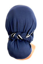 ShariRose Pre Tied Bandana Head Scarf Tichel Lightweight Long Cotton Stripe Wrap (Navy w/ stripe long)