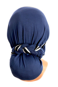 ShariRose Pre Tied Bandana Head Scarf Tichel Lightweight Long Cotton Stripe Wrap (Navy w/ stripe long)