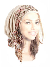 Boho Chic Beige Head-scarf Tichel Embellished with Fancy Pink Floral Lace (Beige headscarf floral lace)