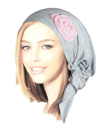 Gray grey pink pre-tied headscarf with gorgeous pink knit flower and decorative over-lock! ShariRose (Light grey pink r001)