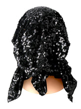 Black Boho Chic Pre-tied Head-scarf Tichel Headwear Sparkle Bandana Sequins - 008