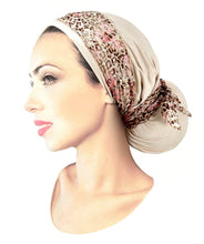 Boho Chic Beige Head-scarf Tichel Embellished with Fancy Pink Floral Lace (Beige headscarf floral lace)