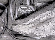 Boho Chic Gray Head-scarf With White Stripes Lace Embellished Clear Rose Buttons (Gray white stripe long - 344)