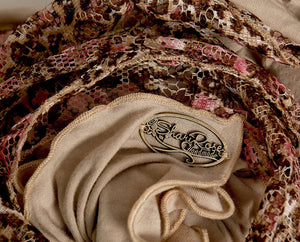Boho Chic Beige Head-scarf Tichel Embellished with Fancy Pink Floral Lace (Beige headscarf floral lace)